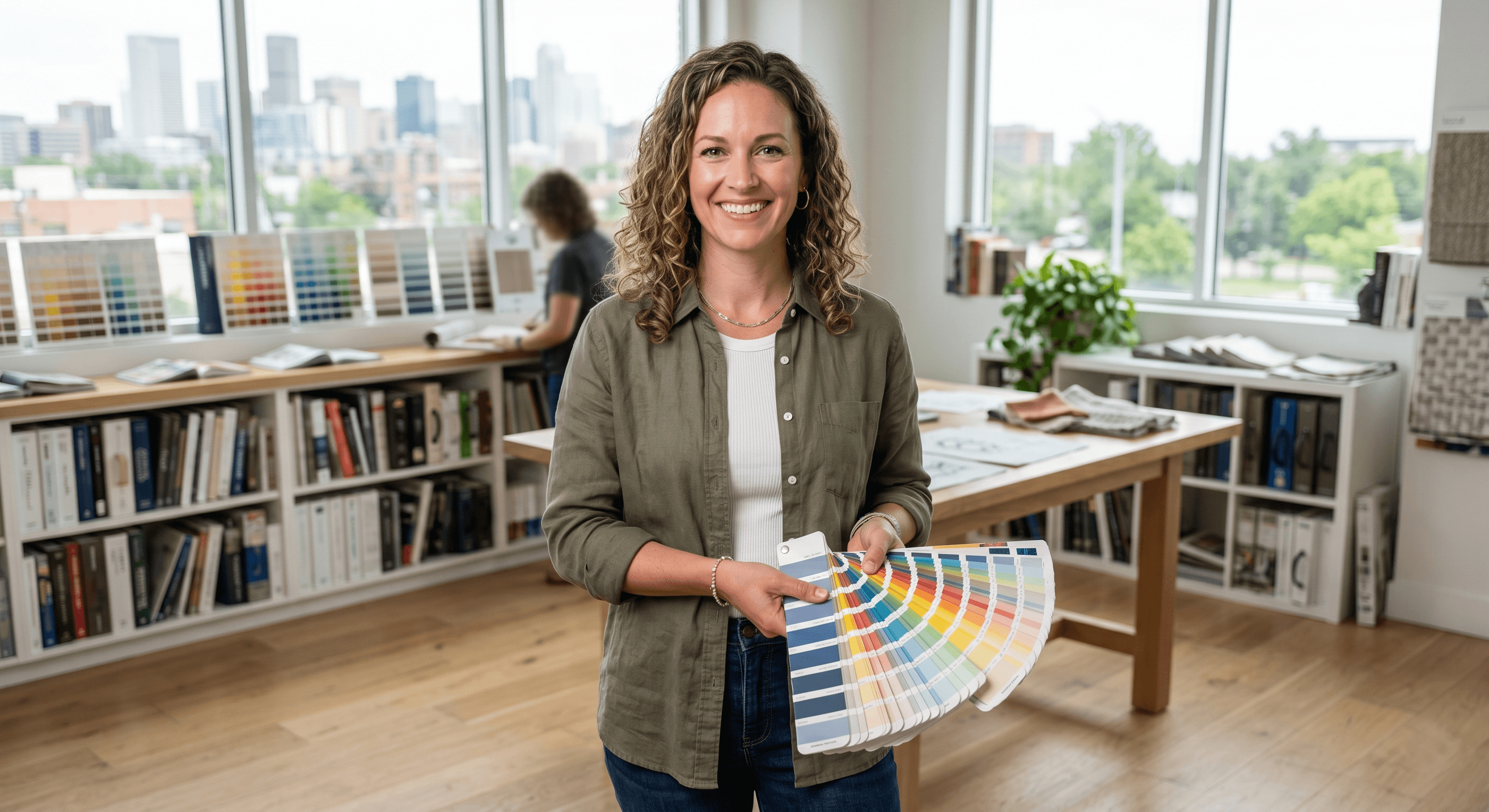 Designer reviewing paint fandeck samples