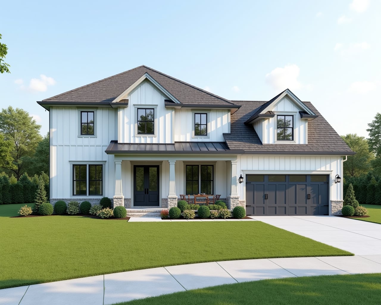 Neutral Board And Batten Farmhouse Exterior paint color combination — Extra White