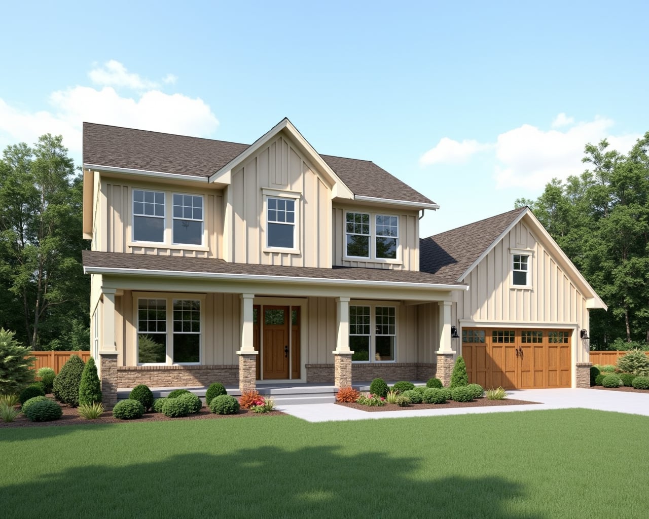 Bold Board And Batten Farmhouse Exterior paint color combination — Champagne