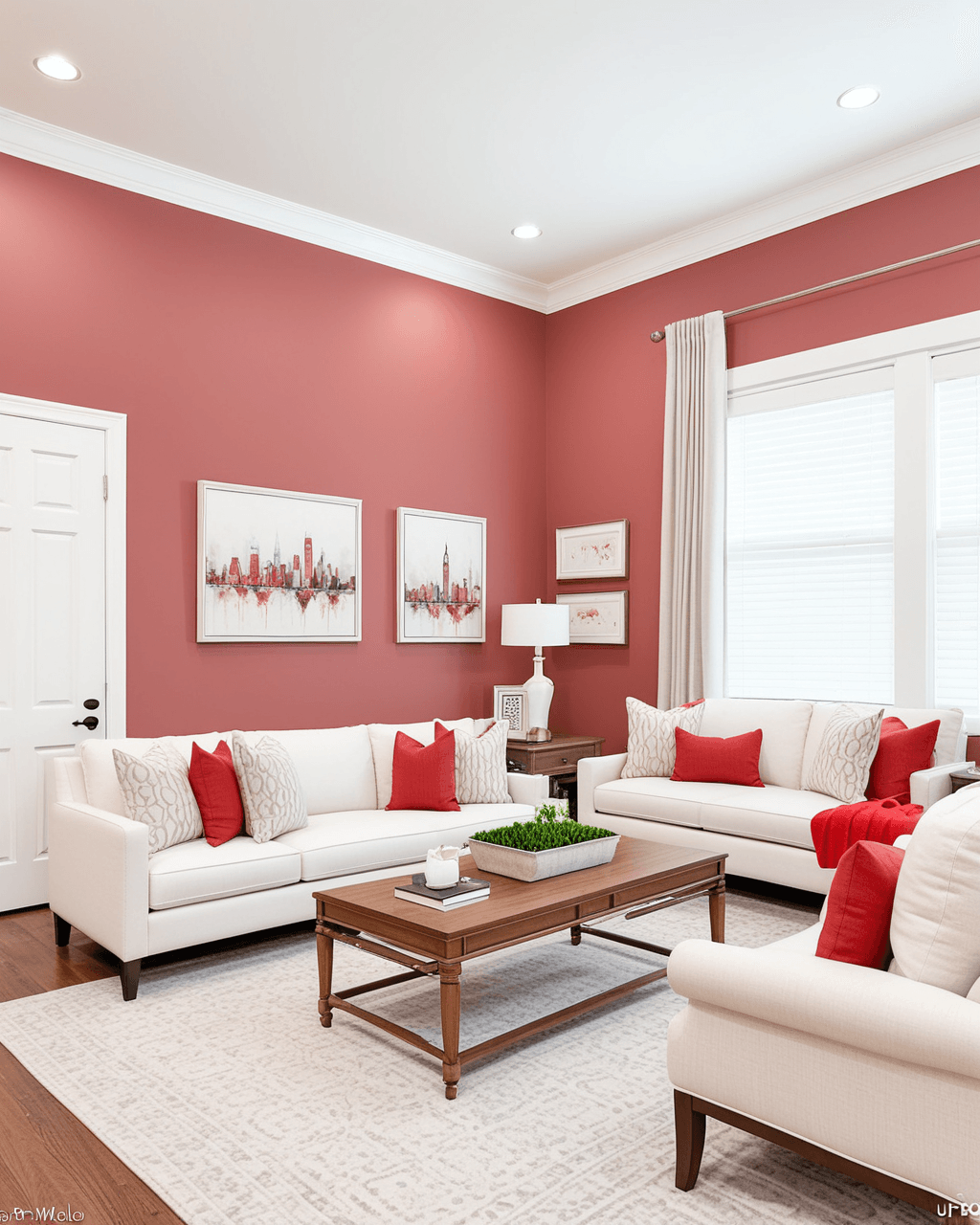 Bold Living Room Interior paint color combination — Coral Rose