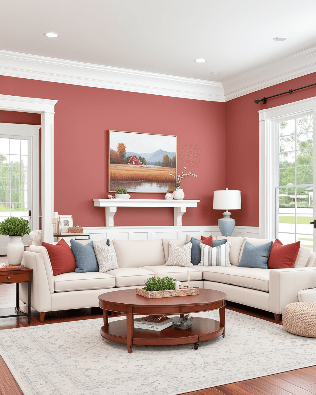 Bold Living Room Interior paint color combination — Coral Rose