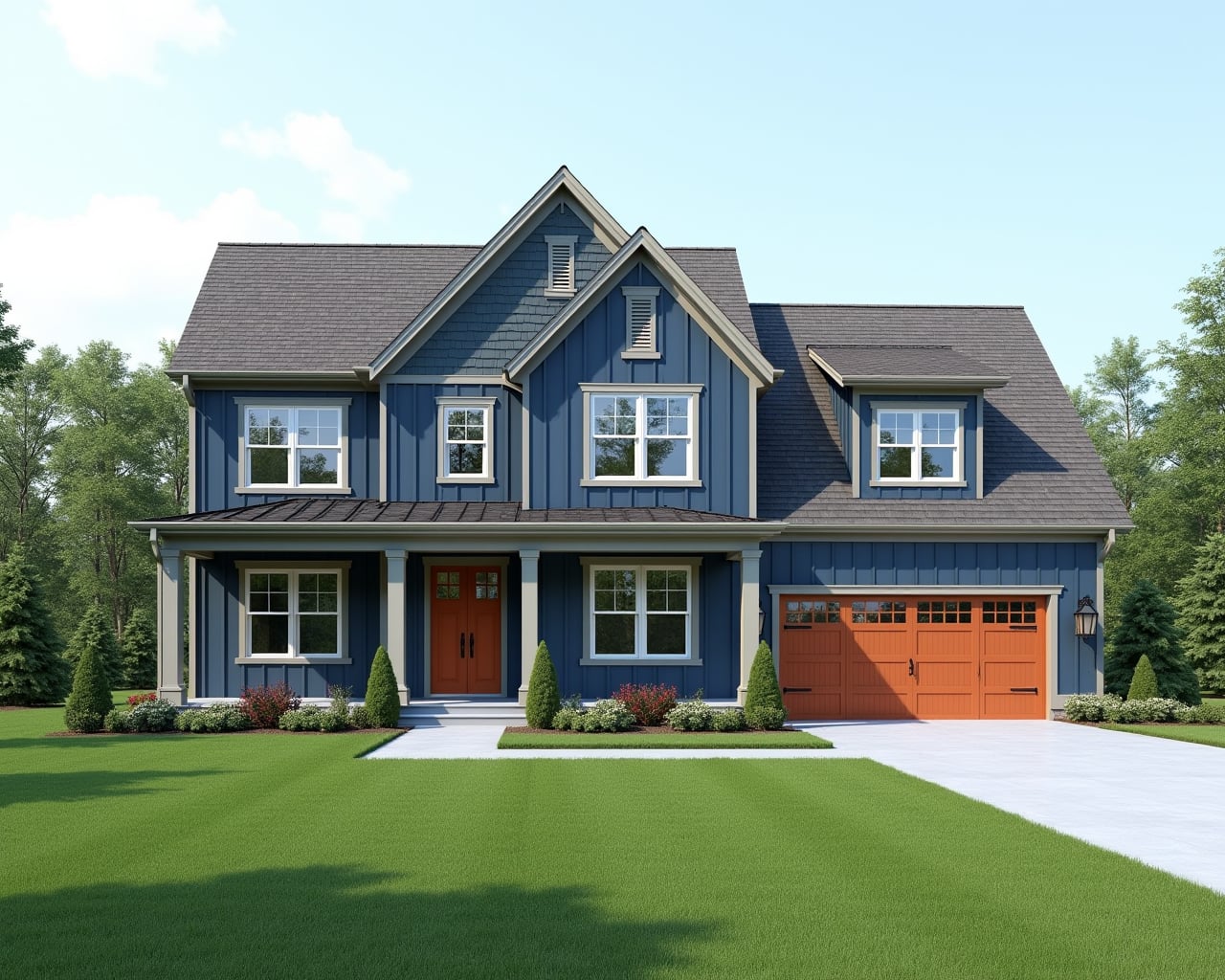 Earthy Board And Batten Farmhouse Exterior paint color combination — Luxe Blue