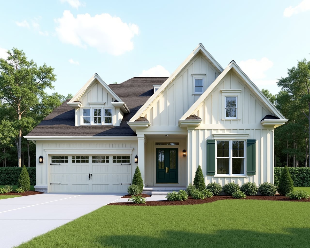 Earthy Board And Batten Farmhouse Exterior paint color combination — High Reflective White