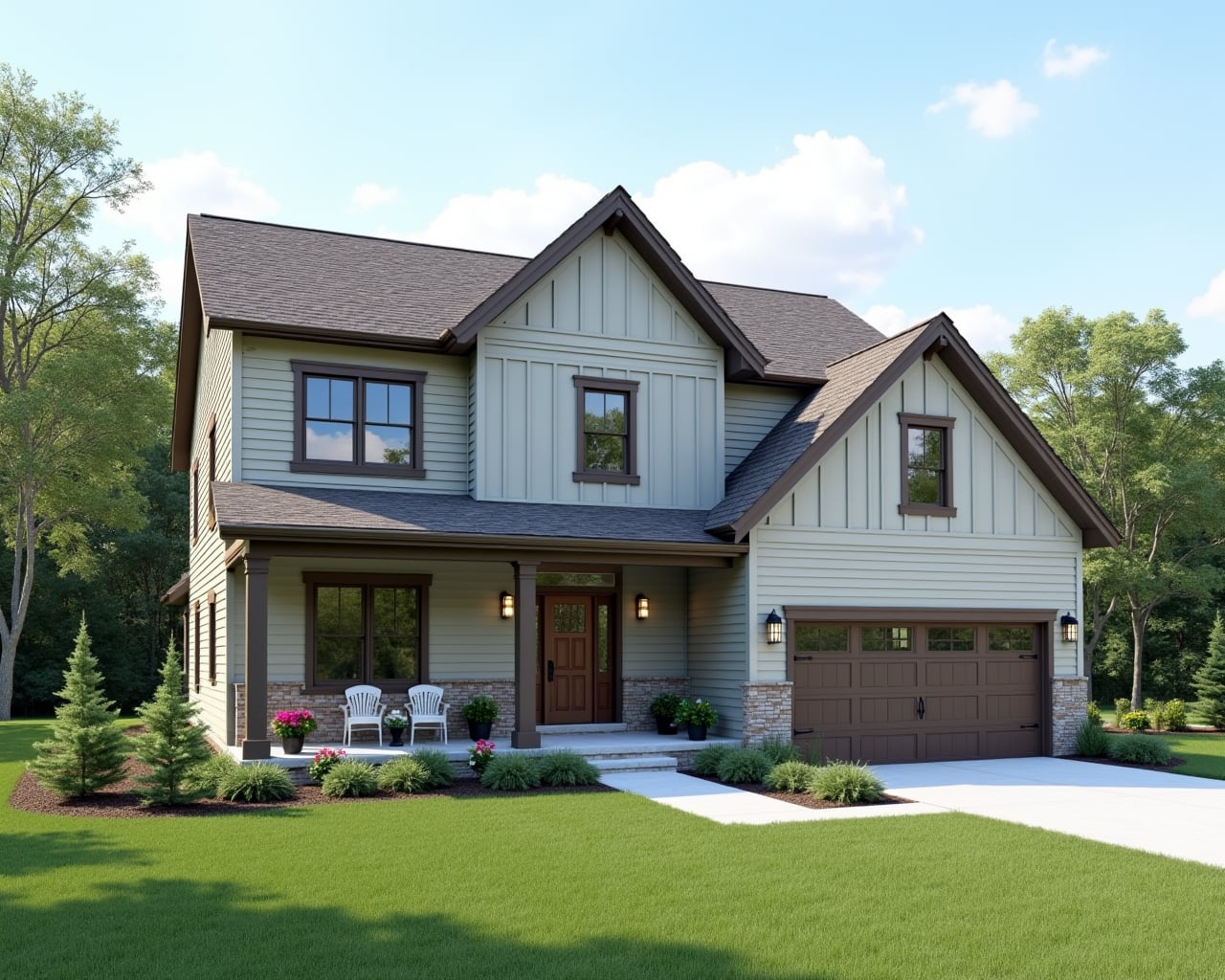 Earthy Board And Batten Farmhouse Exterior paint color combination — Niebla Azul