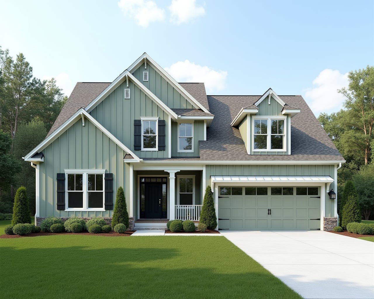 Neutral Board And Batten Farmhouse Exterior paint color combination — Coastal Plain