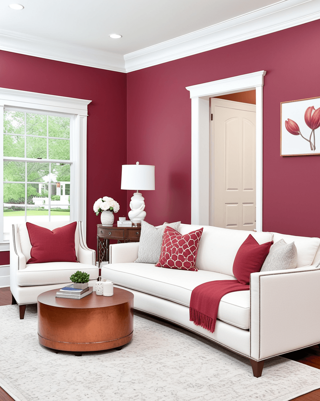 Bold Living Room Interior paint color combination — Redbud