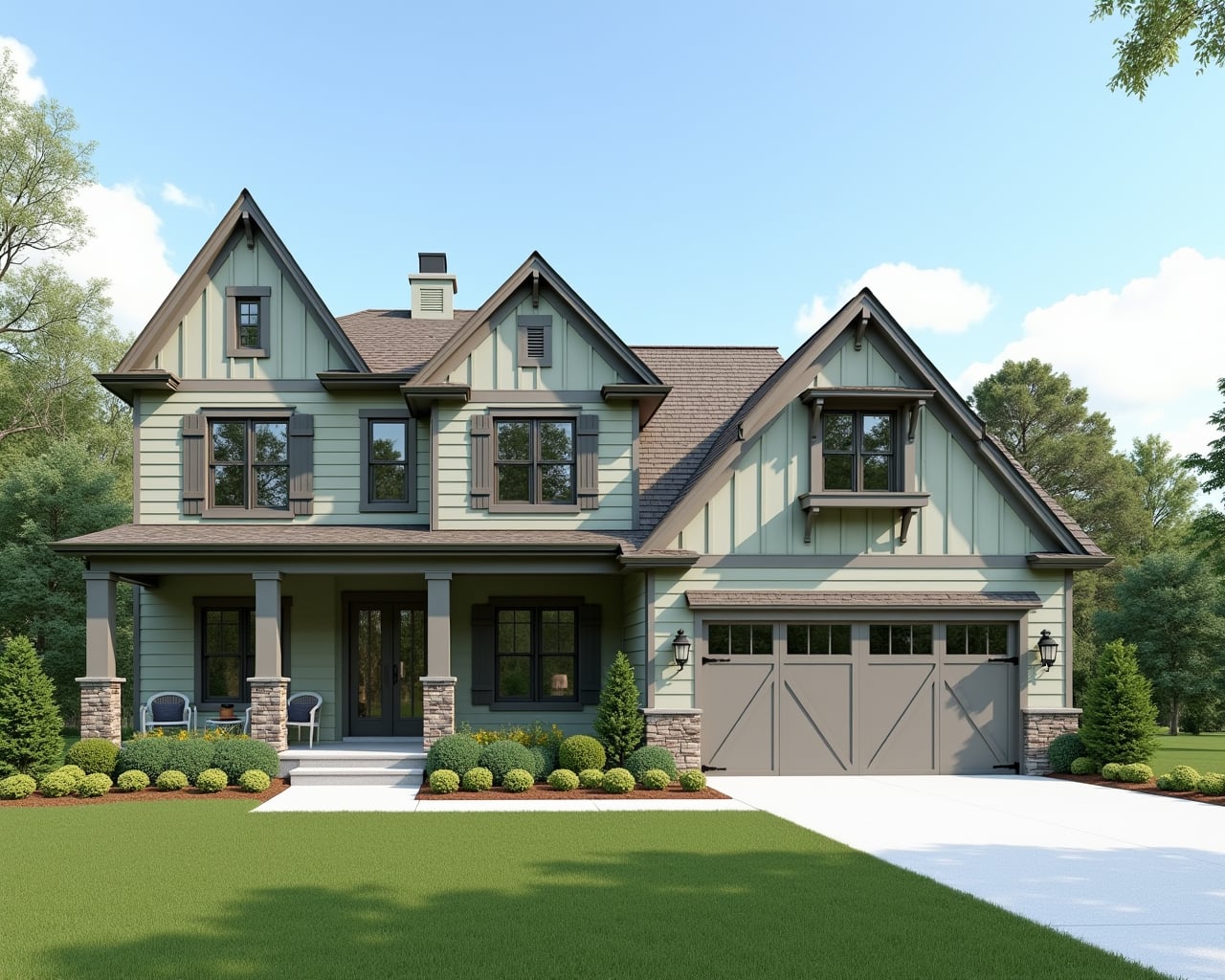 Neutral Board And Batten Farmhouse Exterior paint color combination — Gossamer Veil