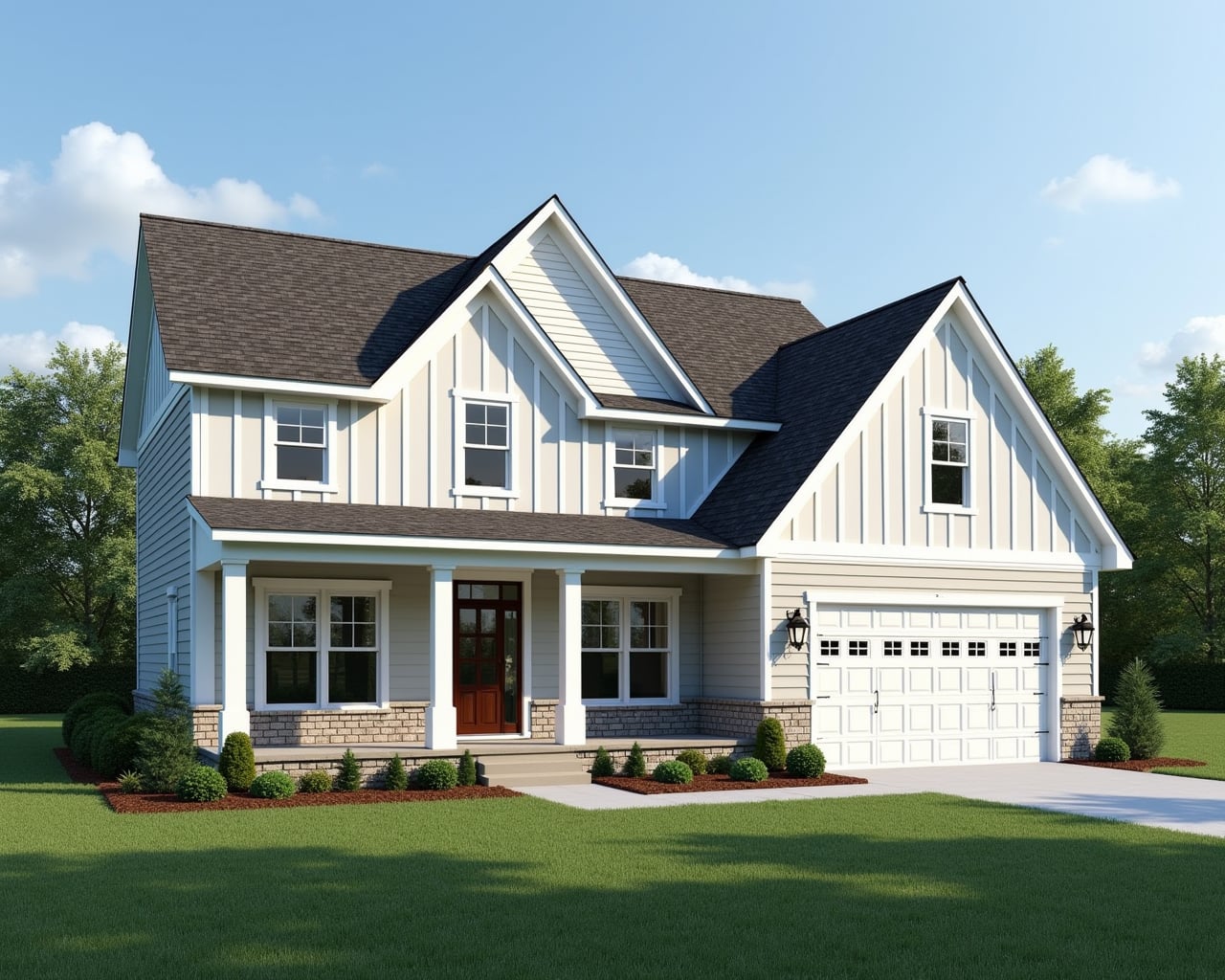 Minimal Board And Batten Farmhouse Exterior paint color combination — Shell White