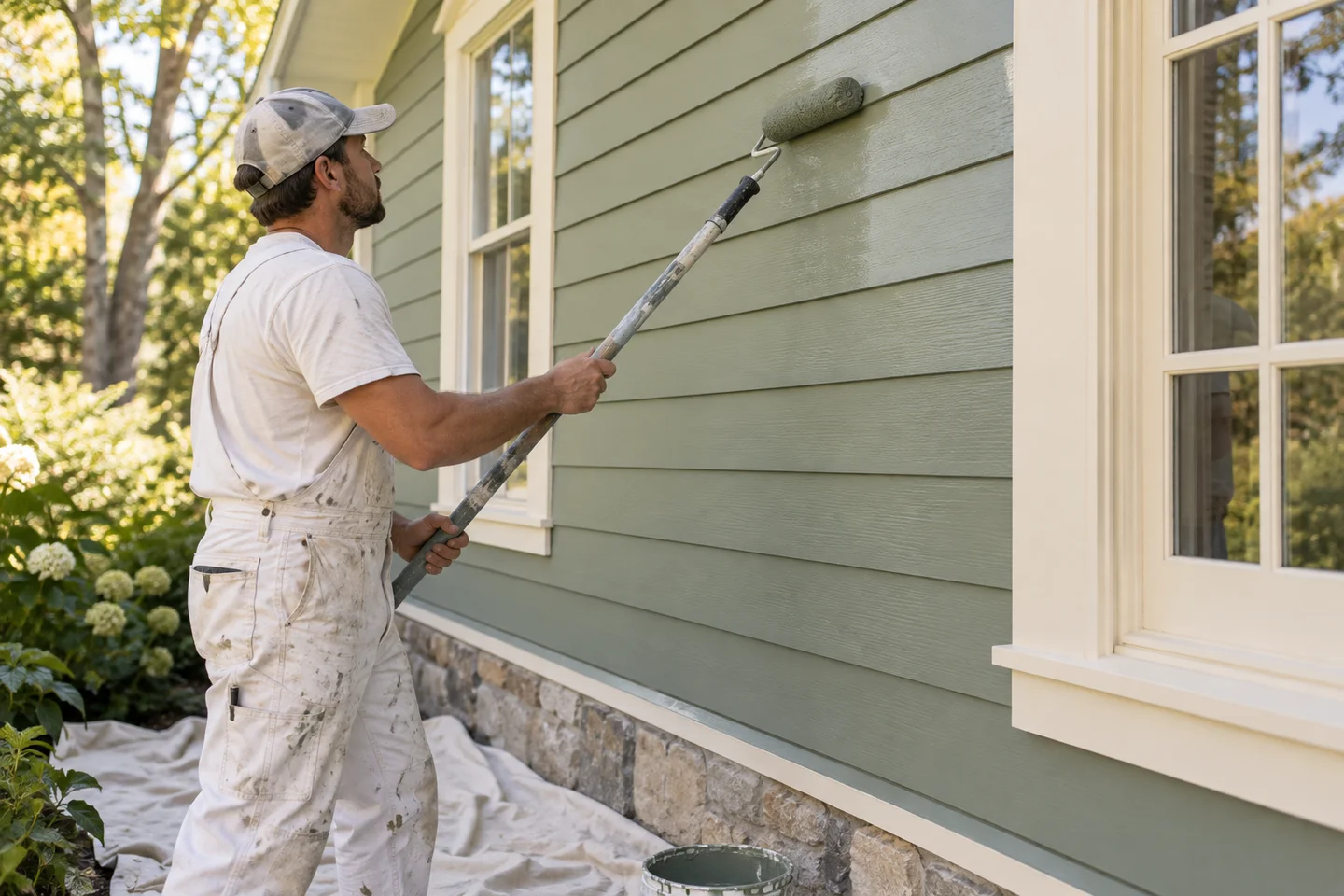 Painter applying exterior paint — marketing illustration
